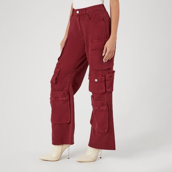 Forever 21 Burgundy Twill Wide-leg Cargo Pants - Picture 2 of 6